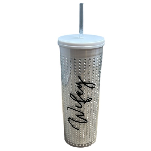 Wifey White Rhinestone Studded Tumbler with Straw Tall Cold Beverage NWT - Picture 1 of 7